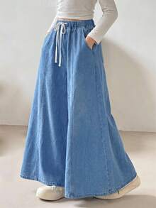 Chân váy denim ngắn có túi, dây rút, eo dành cho bé gái tuổi teen, kiểu dáng thường ngày, đa năng. - Rửa nhẹ - Xem 6