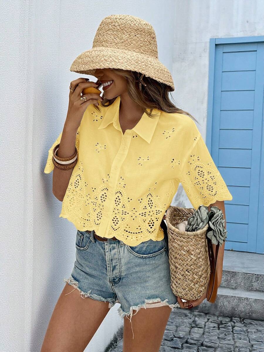 Vivid Eden Áo sơ mi nữ tay ngắn, kiểu dáng thường ngày, chất liệu vải dệt họa tiết, thích hợp cho kỳ nghỉ. - Màu vàng ngỗng - Xem 1