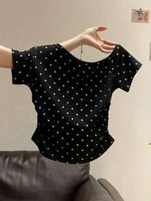 Resyla Áo thun ngắn tay trễ vai chấm bi đen trắng cỡ lớn dành cho nữ, kiểu dáng ôm sát. - màu đen - Xem 4