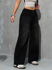 SHEIN PETITE Quần jeans ống rộng nữ có túi và cúc, kiểu dáng thường ngày, đa năng. - màu đen - Xem 5
