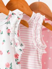 SHEIN 3 Packs Baby Girl Casual Y2K Style Floral Rose Polka Dot Striped Pattern Ruffle Trim Sleeveless Tank Top Soft Thin Tops For Summer Vacation Beach Party Spring - Multicolor - View 5