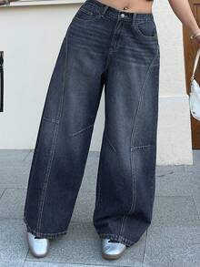 Dazy Plus Quần jeans ống loe rách dành cho nữ cỡ lớn, quần denim dáng rộng màu xanh đậm bạc màu theo phong cách vintage với chi tiết đường may, phong cách đường phố. - Rửa tối - Xem 5
