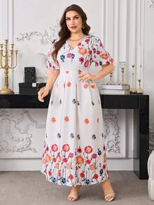 Modelyn Plus Size Women Elegant Minimalist French Style Floral Print Short Sleeve Dress Gym Brown Summer - Pink - View 3