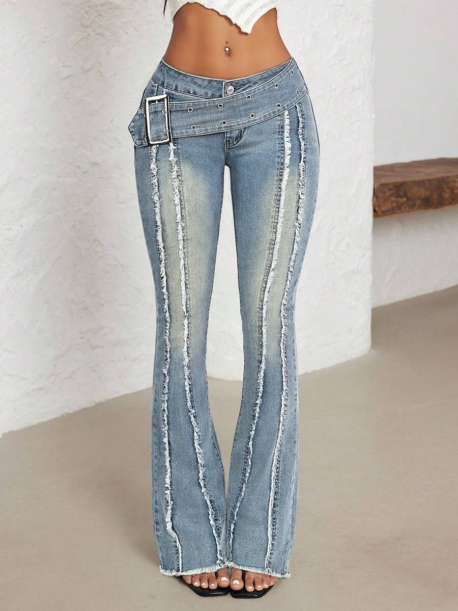 SHEIN PETITE Quần jean denim nữ tối giản, bạc màu, thích hợp mặc hàng ngày. - Màu xanh lam - Xem 1