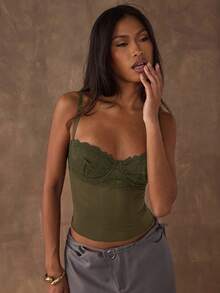 SHEIN BAE 女士纯色吊带蕾丝修身性感露脐背心，夏季 - 軍綠色 - 查看 3