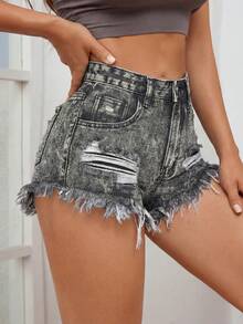 SHEIN PETITE Quần short denim rách có túi dành cho nữ - Xám - Xem 4