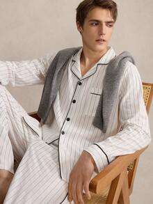 Men's Comfortable Casual Striped Button-Front Shirt And Pants Pajama Set, Autumn - Khaki - View 3