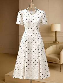 SHEIN Clasi Đầm cỡ lớn kiểu retro thanh lịch chấm bi tay phồng sang trọng - Đen và trắng - Xem 5