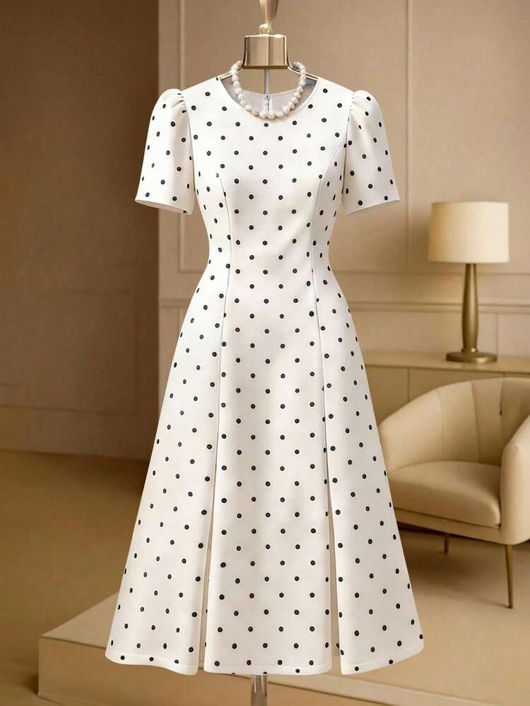 SHEIN Clasi Vestido de lujo de manga abullonada con lunares elegantes y retro para tallas grandes - Blanco y Negro - Añade 5
