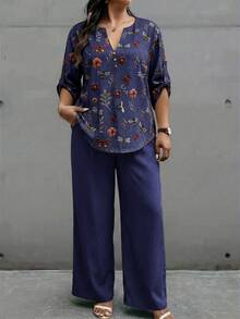 EMERY ROSE Plus Size Floral Print Notch Neck Top And Solid Color Pants 2-Piece Set - Multicolor - View 5