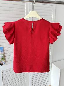SHEIN 少女春夏休闲串珠优雅荷叶边编织纹理圆领衬衫，红色 - 紅色 - 查看 2