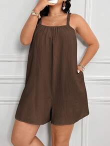 EMERY ROSE Plus Size Women's Summer Solid Color Simple Daily Wear Romper With Straps Short Summer Dresswomen Romperblack Dress Shortromper Dressshort Jumpsuit - Coffee Brown - View 7