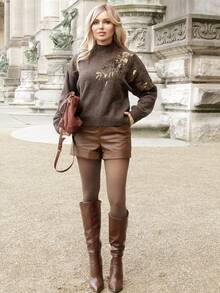 Elenary Edit 女式休闲街头风格卷边口袋短裤 - 咖啡棕 - 查看 4