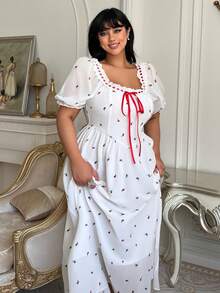 Flirla Modest Plus Size White Floral Print Ribbon Tie Bow Decor Dress,Summer Curve Party Vacation Picnic Cherry Peasant Milkmaid Strawberry Dress For Women - White - View 7