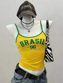 SHEIN Tank Top Camisole Kasual Pas Badan dengan Motif Brasil Warna Cerah dan Kontras, Cocok untuk Musim Panas, Olahraga & Santai - MultiWarna - View 8