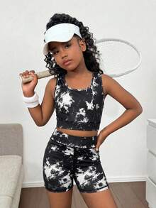SHEIN Tween Girls Tie Dye Print Hollow Back Cami & Biker Shorts 2-Piece Set, Suitable For Yoga, Sports Day, Back To School - Black - View 2