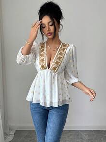 Elenzga Áo kiểu chữ A bằng chiffon in họa tiết cổ chữ V, chất liệu mạ vàng, phong cách nghỉ dưỡng Bohemian, dành cho nữ, mùa xuân/hè. - Nhiều màu - Xem 5