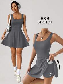 SHEIN EZwear 女士针织无袖修身休闲运动短裙，春夏网球裙运动连衣裙，女士网球裙套装，健身连衣裙，网球服，夏季连衣裙，运动连衣裙，女士运动连衣裙，女士网球裙，运动连衣裙 - 灰色 - 查看 5