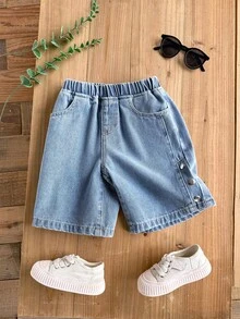 LMoss Kids 男童新款时尚休闲夏季波西米亚风基础款口袋纽扣设计蓝色牛仔宽松短裤，春夏百搭休闲，适合儿童男童春夏日常穿着、街头风、节日庆典、派对、海滩、毕业典礼、休闲场合、暑假穿着。印花牛仔短裤，适合4岁男童，休闲短裤，夏季短裤。 - 淺色水洗藍 - 查看 9