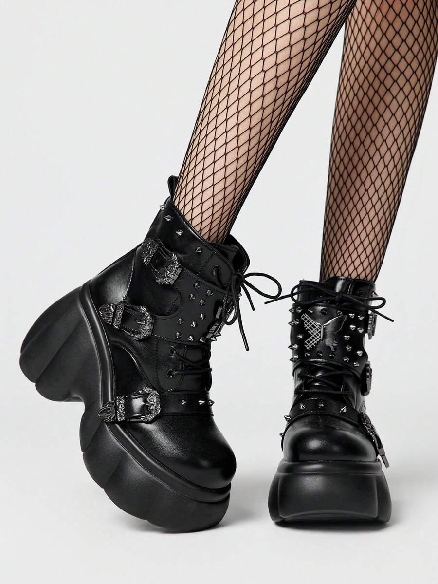 ROMWE Grunge Punk Women's Punk Style Ankle Boots, Round Toe Rivet Buckle Front Lace-Up, Hidden Wedge Heel, Versatile Boots For Short Women, Autumn/Winter 2026 New Arrival Y2K 2000s Style - Black - View 1