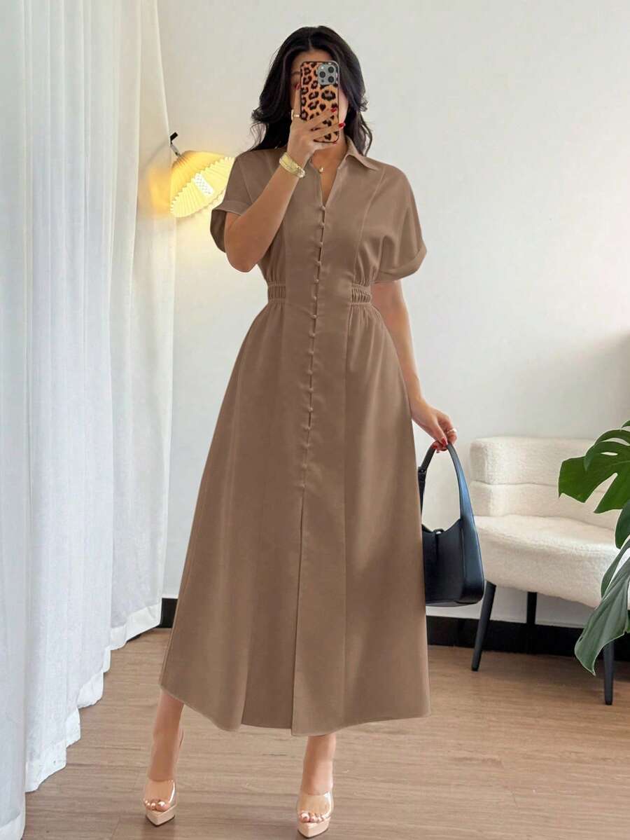 Rafferiza 女款夏季休閒襯衫長洋裝,前排鈕扣落肩袖收腰式長裙,咖啡棕優雅辦公端莊法式風高雅洋裝 - 咖啡棕 - 查看 1