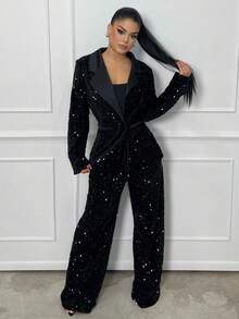Dayanna Comas Stylish Design Loose Sequin Fabric Patchwork Blazer Jacket  Fall Cloth For Women - Black - View 1