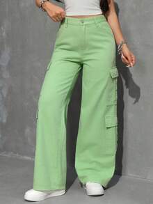 SHEIN EZwear 女士夏季拉链门襟翻盖口袋工装牛仔裤 - 綠色 - 查看 4