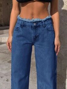 EURMUSE 100%Cotton Rigid, Belt Detailed Wideleg Fit - Blue - View 4