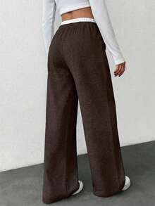 Women's Casual Loose Drawstring Waist Contrast Color Sweatpants - Brown - View 2