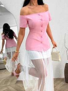 SHEIN Gold Button Detailed Mesh And Top Set - Multicolor - View 3