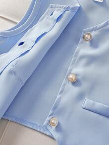 Souflis Souflis Young Girls Sweet Pink Sleeveless Pearl Button Vest + Bowknot Pleated Skirt 2-Piece Set, Elegant Casual Summer Outfit - Blue - View 8