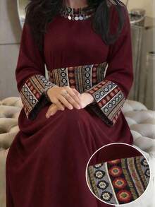 Al Najma 女士撞色复古长袖喇叭袖收腰土耳其长裙和阿拉伯传统罩袍 - 酒紅色 - 查看 1