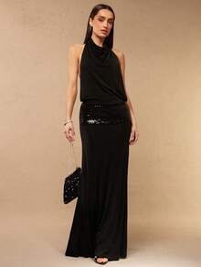 Silquee 女士缎面露背亮片装饰连衣裙，春夏款 - 黑色 - 查看 6