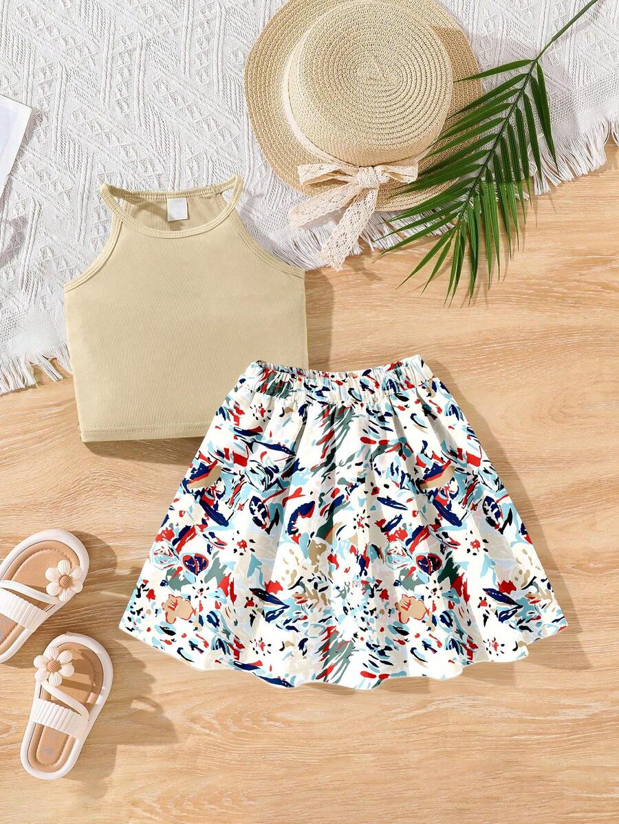 Young Girl' Knit Vest & Printed Skirt Set, Suitable For Daily Commute, Outdoor Activities, Showcasing Lively And Cute Style - Khaki - View 1