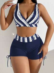 Swim Lushoire 女士撞色印花迷人吊带泳衣 - 藍色 - 查看 1