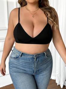 SHEIN CURVE+ Plus Size Sexy Solid Color Spaghetti Strap Wireless Bra, Summer - Black - View 4