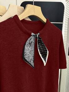 Franclia Burgundy,Autumn,Elegant,Office Casual Round Neck Short Sleeve Top,Paisley & Polka Dot Patchwork French Style Ribbed Trim Contrast Bow Collar Design - Red - View 3
