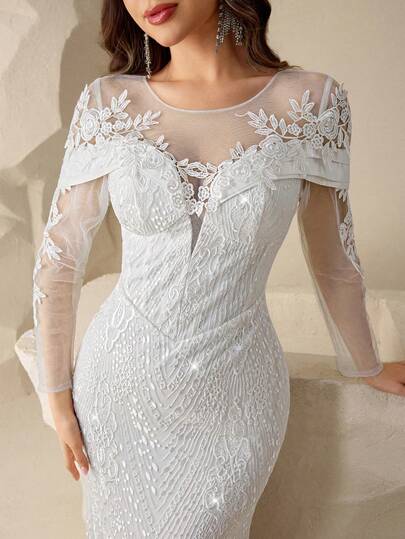 Coutiva Elegant Long Sleeve Wedding Dress With Sequin Lace Trim, 3D Applique Design, Mermaid Tail Hem, Suitable For Wedding Gown Or Evening Dress