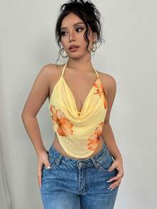 Firerie Áo nữ thời trang, thanh lịch, gợi cảm, in hoa, chất liệu lưới, cổ khoét sâu, thích hợp cho kỳ nghỉ hè, áo mùa hè. - trái cam - Xem 5