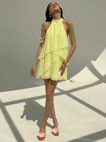 Aloruh Yellow Halter Layered Hem Romantic Mini Skirt, Vacation Style ,Summer Dress - Yellow - View 4