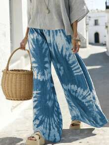 Breezaya 女士休闲扎染宽松阔腿裤 - 藍色 - 查看 3