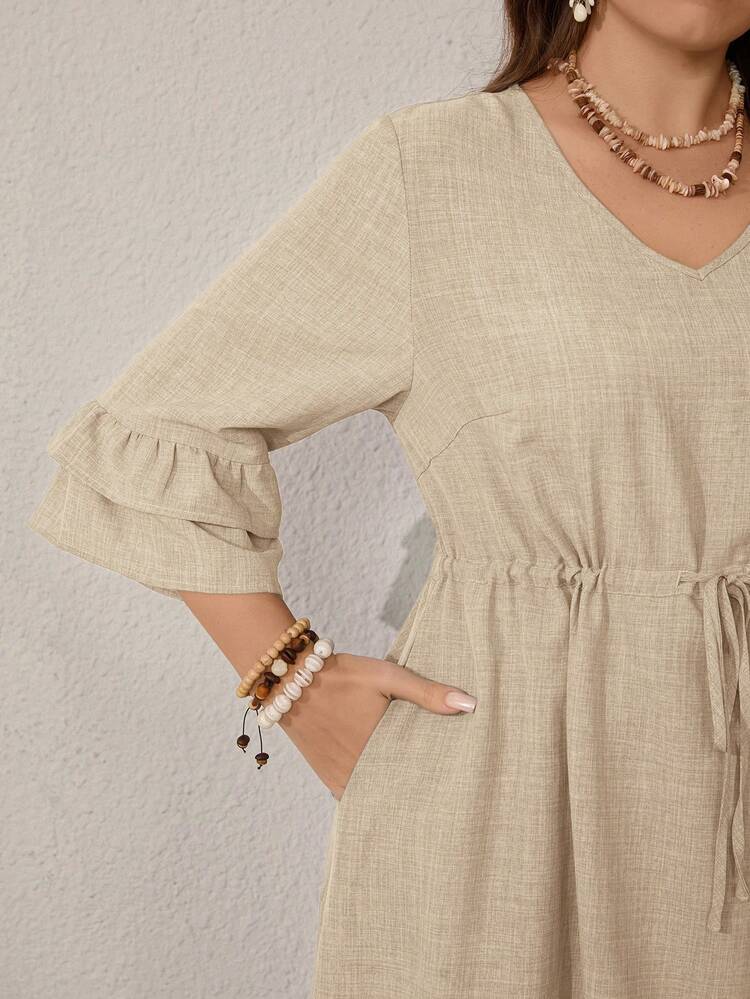 Plus Size Solid Color V-Neck Ruffle Hem Slant Pocket Casual Dress