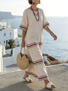 Breezaya 女士休闲条纹圆领落肩宽松长裙，适合度假穿着，亚麻材质，夏季波西米亚风连衣裙，休闲长裙，度假装，女士度假连衣裙，端庄夏季连衣裙，Zanzea游艇连衣裙，XS码连衣裙，女士裹身连衣裙，Zanzea连衣裙，女士休闲连衣裙，夏季女士连衣裙，波西米亚风连衣裙 - 彩色 - 查看 4