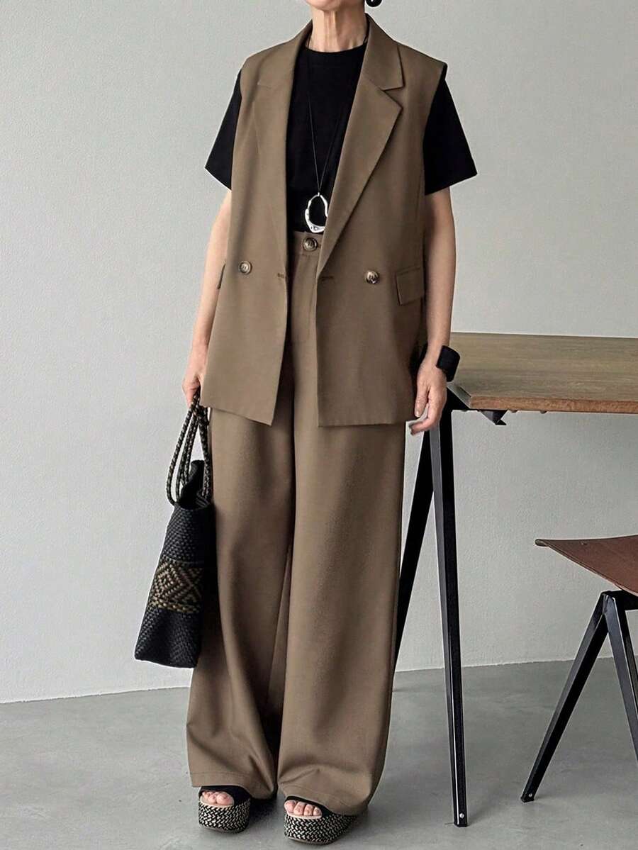 FRIFUL 女士纯色咖啡棕色上衣背心和直筒宽松休闲裤两件套 - 咖啡棕 - 查看 1