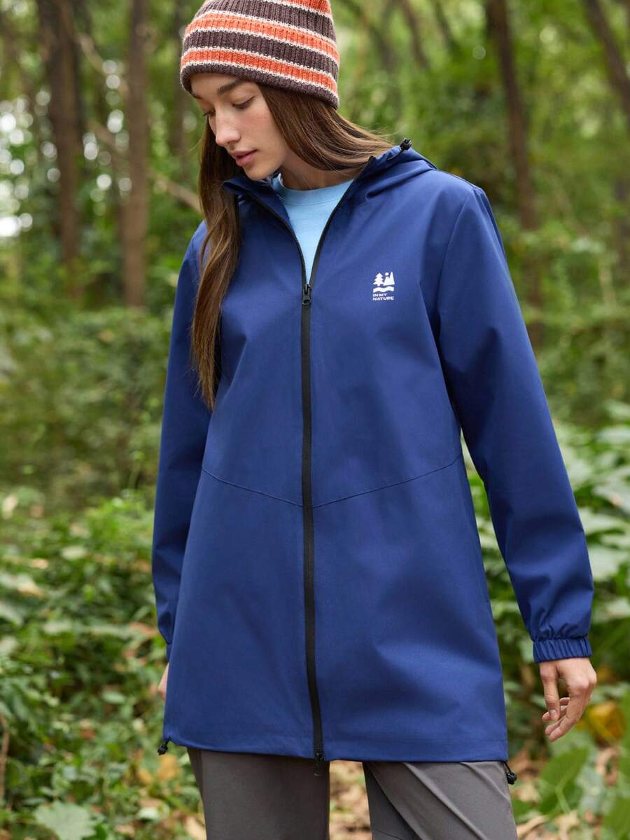 SHEIN In My Nature Women's Letter Print Long Sleeve Zip-Up Hooded Outdoor Raincoat Jacket - Blue - View 1