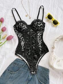 SHEIN WYWH Leopard Print Bustier Front Lace Trim Camisole, Sexy Vacation/Holiday, Suitable For Parties, Dates, Valentine's Day, Afternoon Tea - Black and White - View 3