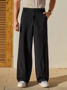 Manfinity Roghcode Quần jeans ống rộng xếp ly dáng thường ngày unisex - màu đen - Xem 3