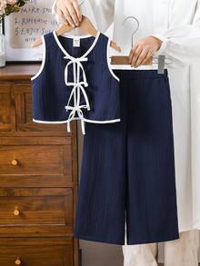 SHEIN 2pcs/Set Young Girl Solid Color Knit Sleeveless Top And Mini Skirt Retro Outfit For Kids Summer Outfits Girls Clothes Jump Suit - Royal Blue - View 4