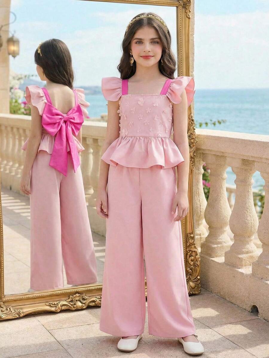 SHEIN Bộ đồ đôi cho bé gái tuổi teen, gồm áo không tay dệt kim khoét eo, lưng nơ và quần ống rộng xếp ly, thích hợp cho tiệc sinh nhật, lễ tốt nghiệp và khiêu vũ. - Hồng - Xem 1