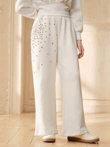 SHEIN Tween Girls' Casual Everyday Commute Versatile Rhinestone Decor Elastic Waist Loose Wide Leg Sweatpants - White - View 5